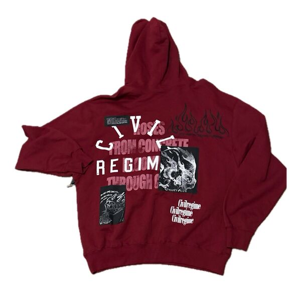 Civil Regime "Roses From Concrete" Hoodie 3XL NWT Burgundy Skull Streetwear - Picture 3 of 6